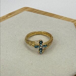 Elegant Gold Tone and Blue Rhinestone Cross Ring Size 7 “With God…Are Possible”